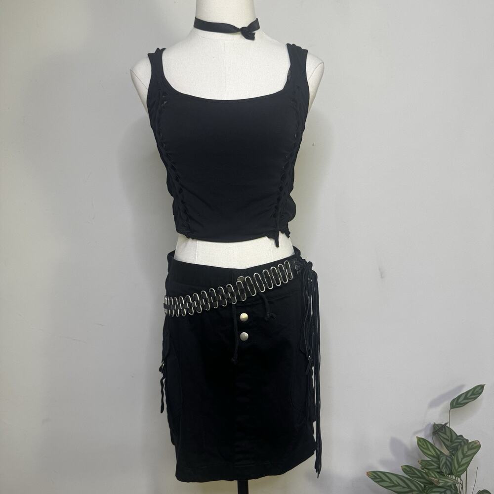 Vintage 90s Y2K Black Cotton Cargo Mini Skirt Ruched Snap Up Grunge Indie Goth 3